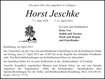 Traueranzeige von Horst Jeschke von Landeszeitung