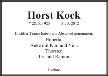 Traueranzeige von Horst Kock von Norddeutsche Rundschau