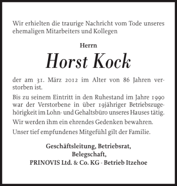 Traueranzeige von Horst Kock von Norddeutsche Rundschau