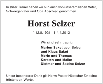Traueranzeige von Horst Selzer von Holsteinischer Courier