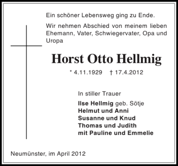 Traueranzeige von Horst Otto Hellmig von Holsteinischer Courier