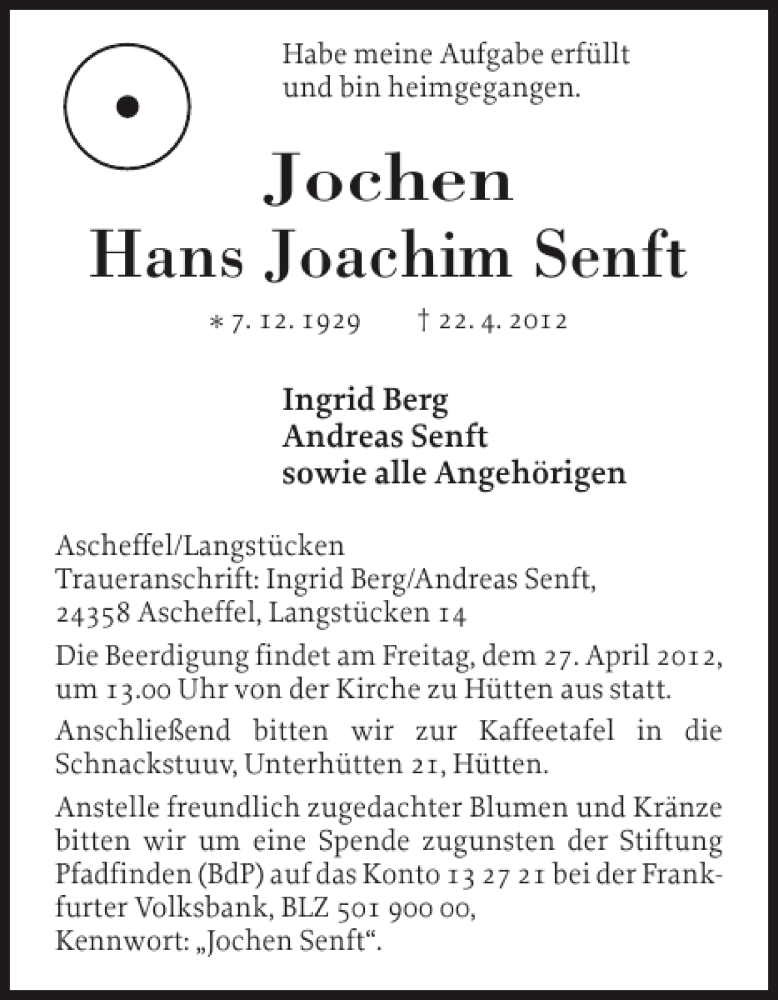  Traueranzeige für Jochen Hans Joachim Senft vom 25.04.2012 aus Landeszeitung