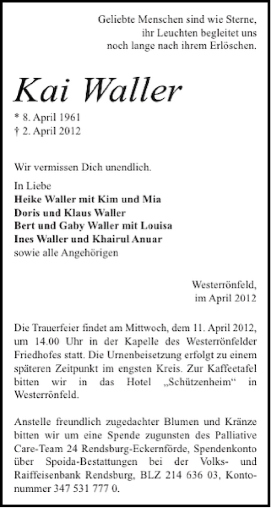 Traueranzeige für Kai Waller vom 07.04.2012 aus Landeszeitung