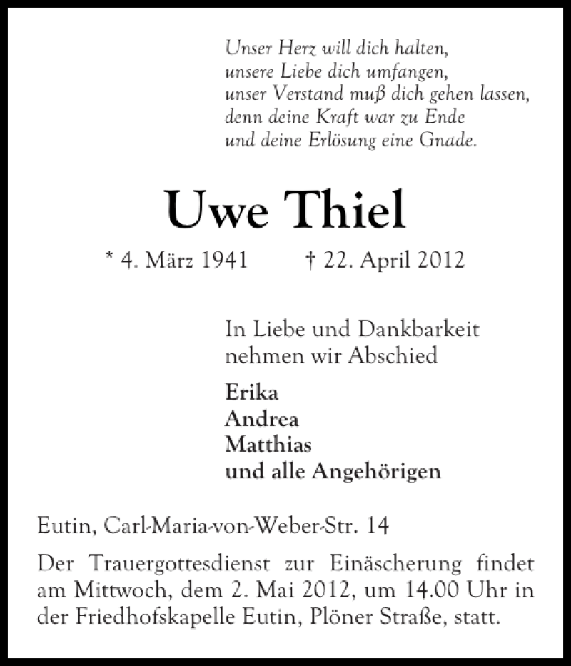  Traueranzeige für Uwe Thiel vom 27.04.2012 aus Ostholsteiner Anzeiger