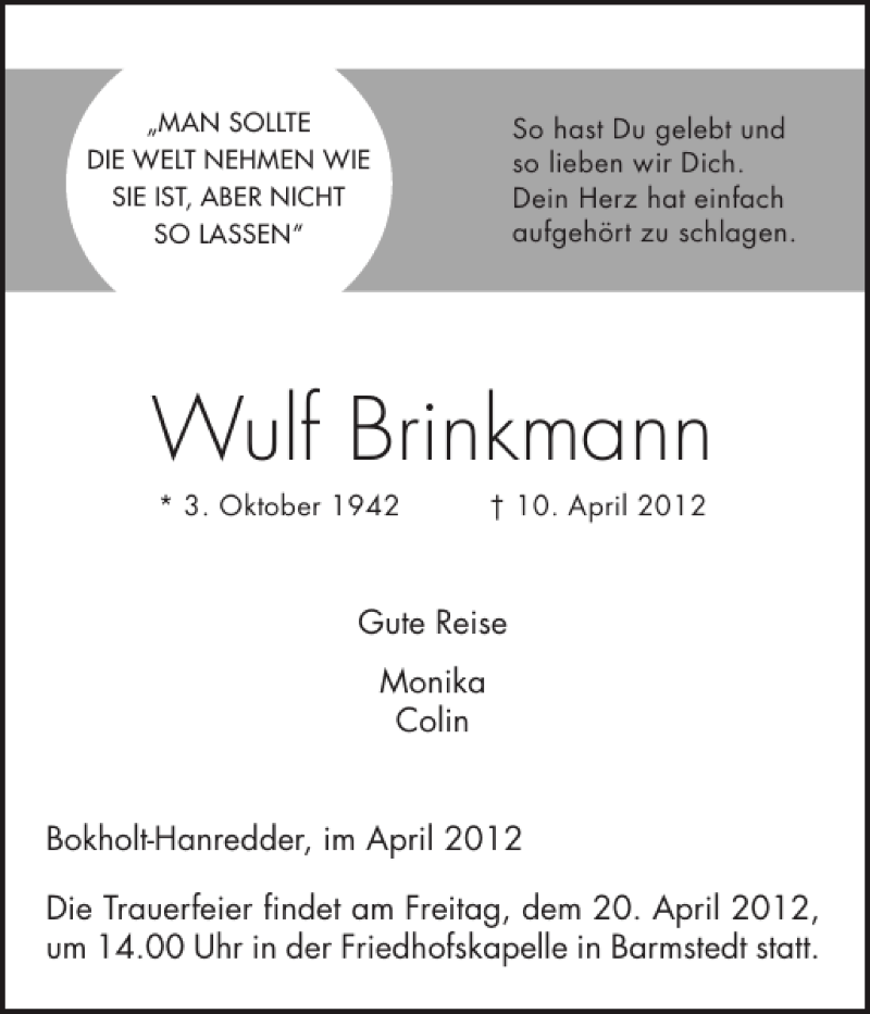  Traueranzeige für Wulf Brinkmann vom 17.04.2012 aus Elmshorner Nachrichten