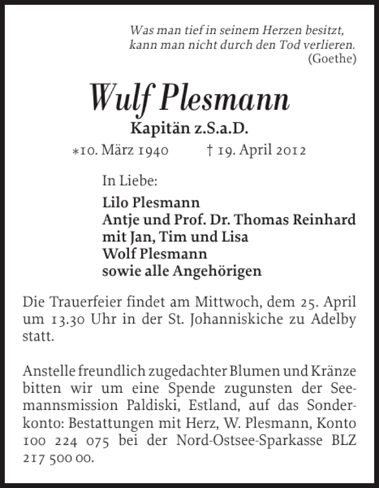  Traueranzeige für Wulf Plesmann vom 21.04.2012 aus Flensburger Tageblatt
