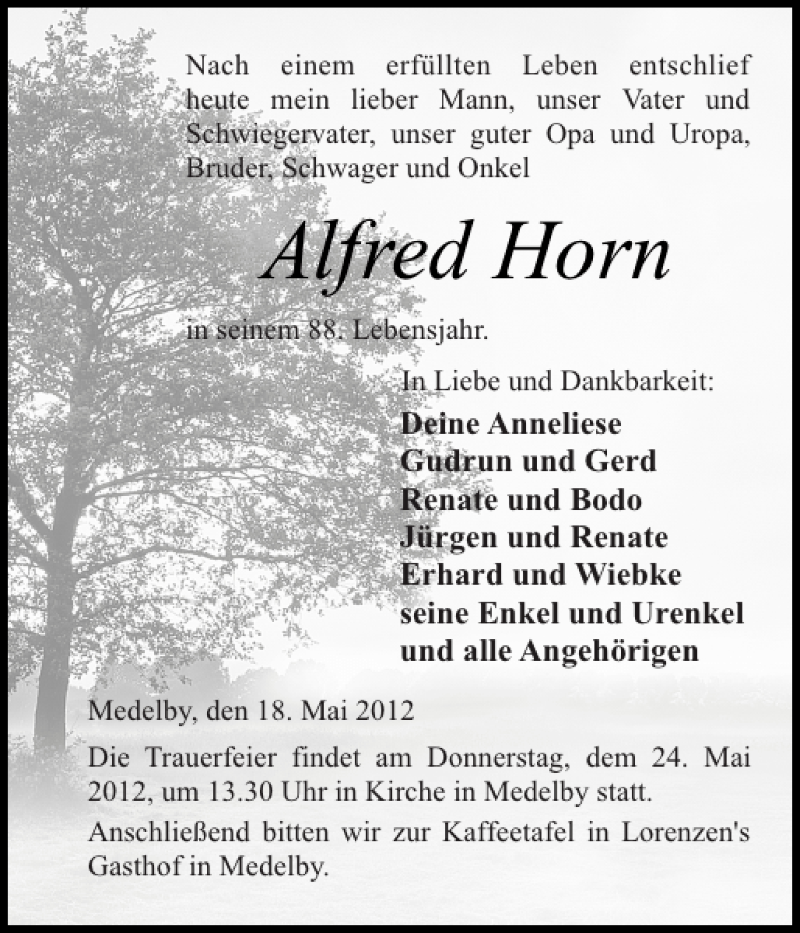  Traueranzeige für Alfred Horn vom 21.05.2012 aus Flensburger Tageblatt