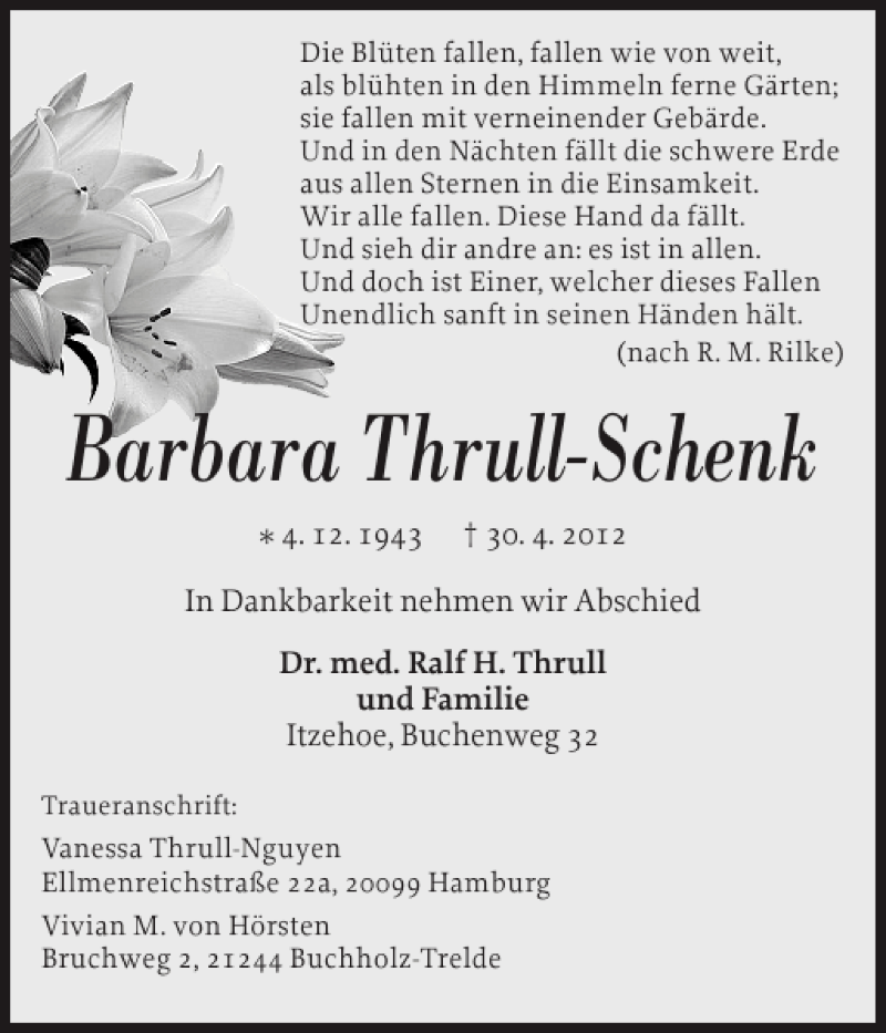  Traueranzeige für Barbara Thrull-Schenk vom 09.05.2012 aus Norddeutsche Rundschau