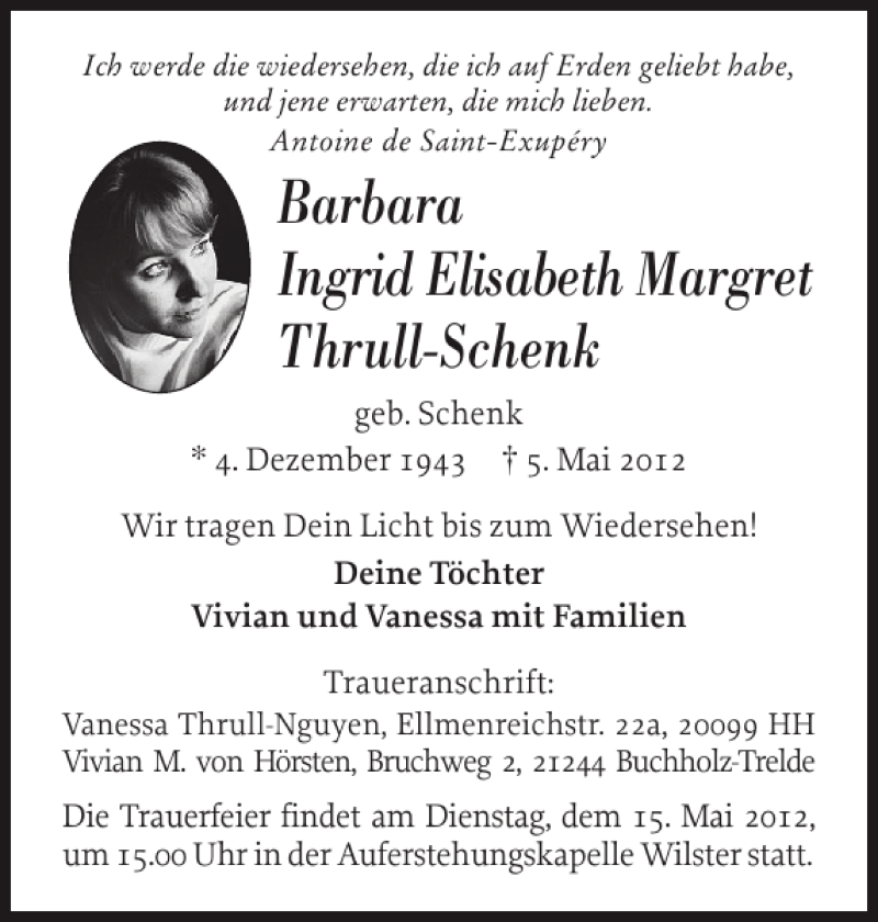  Traueranzeige für Barbara Ingrid Elisabeth Margret Thrull-Schenk vom 10.05.2012 aus Norddeutsche Rundschau