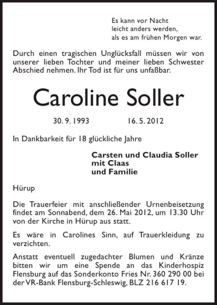  Traueranzeige für Caroline Soller vom 19.05.2012 aus Flensburger Tageblatt