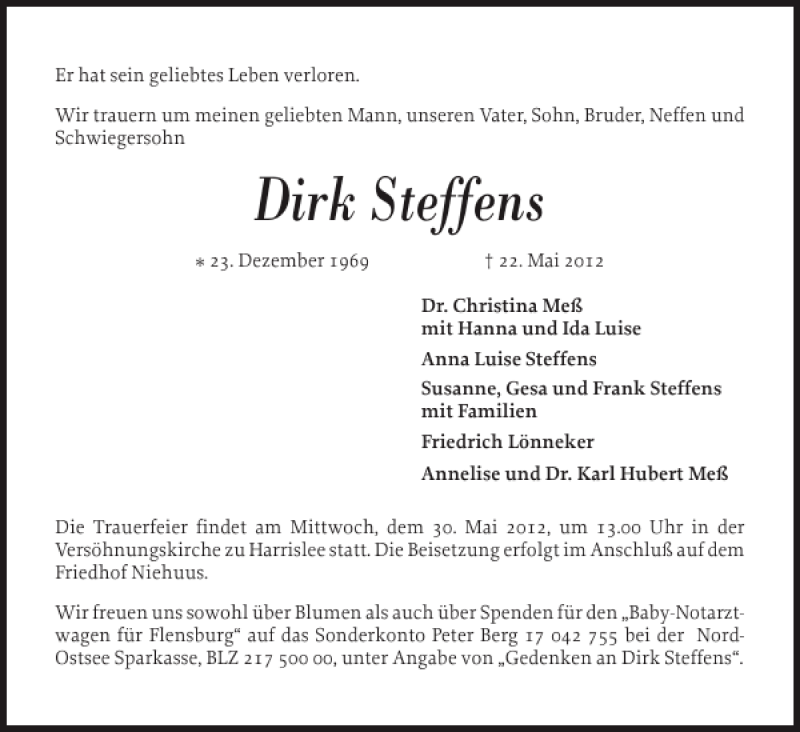  Traueranzeige für Dirk Steffens vom 26.05.2012 aus Flensburger Tageblatt