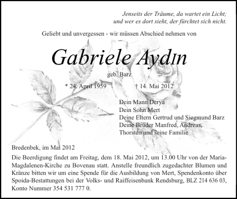  Traueranzeige für Gabriele Aydin vom 16.05.2012 aus Landeszeitung