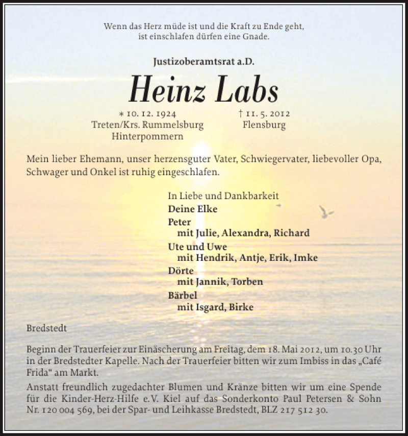  Traueranzeige für Heinz Labs vom 14.05.2012 aus Husumer Nachrichten