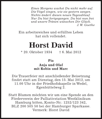 Traueranzeige von Horst David von Pinneberger Tageblatt