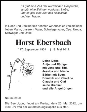 Traueranzeige von Horst Ebersbach von Holsteinischer Courier