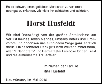 Traueranzeige von Horst Husfeldt von Landeszeitung