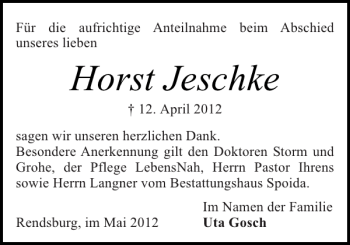 Traueranzeige von Horst Jeschke von Landeszeitung
