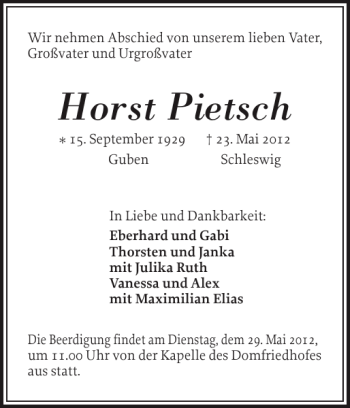 Traueranzeige von Horst Pietsch von Schleswiger Nachrichten