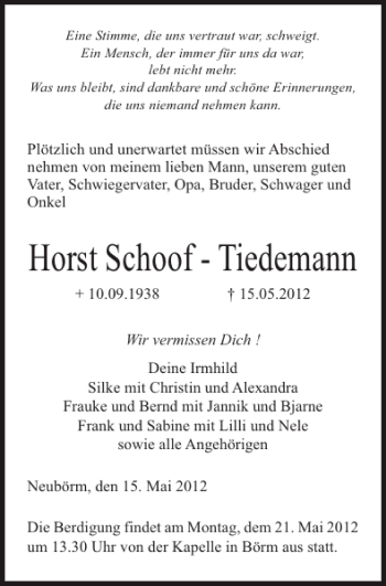 Traueranzeige von Horst Schoof-Tiedemann von Schleswiger Nachrichten