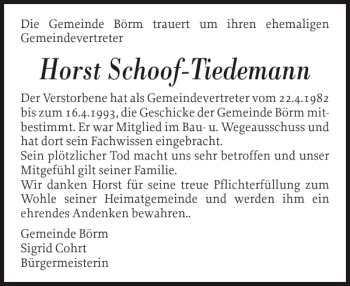 Traueranzeige von Horst Schoof-Tiedemann von Schleswiger Nachrichten