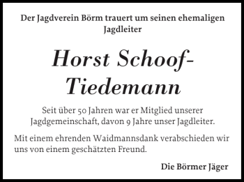 Traueranzeige von Horst Schoof-Tiedemann von Schleswiger Nachrichten
