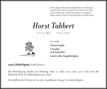 Traueranzeige von Horst Tabbert von Nordfriesland Tageblatt