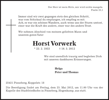 Traueranzeige von HorstVorwerk  von Pinneberger Tageblatt