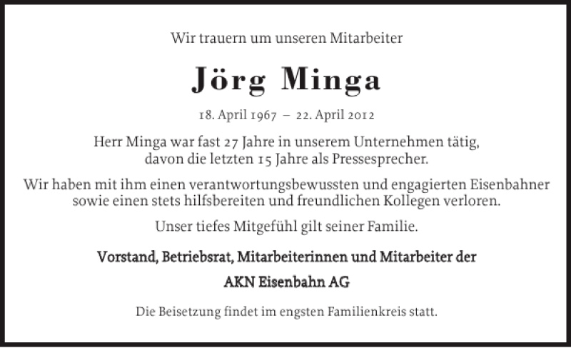  Traueranzeige für Jörg Minga vom 11.05.2012 aus Stormarner Tageblatt