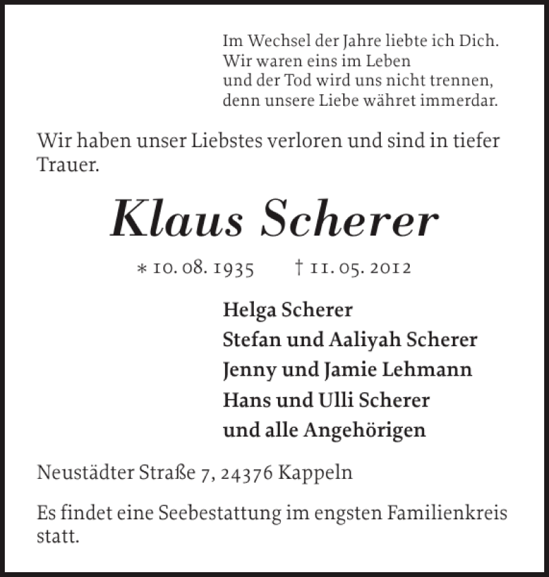  Traueranzeige für Klaus Scherer vom 15.05.2012 aus Schlei-Bote