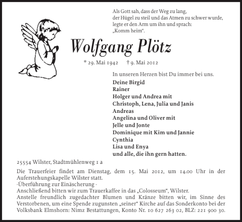  Traueranzeige für Wolfgang Plötz vom 11.05.2012 aus Norddeutsche Rundschau