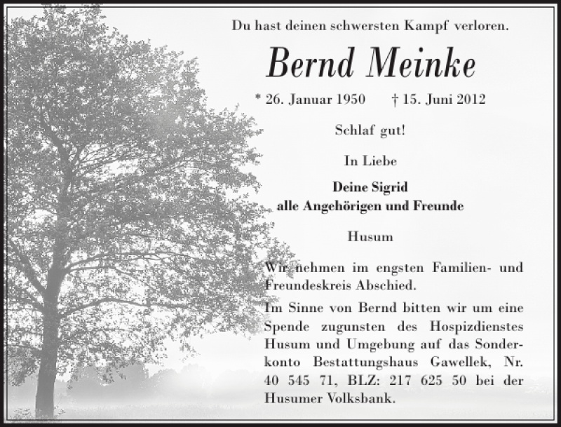  Traueranzeige für Bernd Meinke vom 19.06.2012 aus Husumer Nachrichten