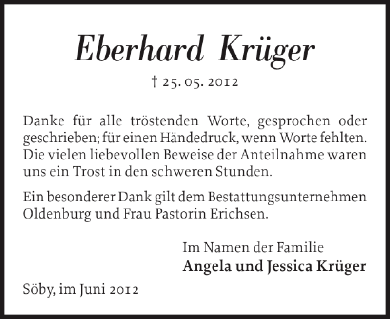  Traueranzeige für Eberhard Krüger vom 13.06.2012 aus Eckernförder Zeitung