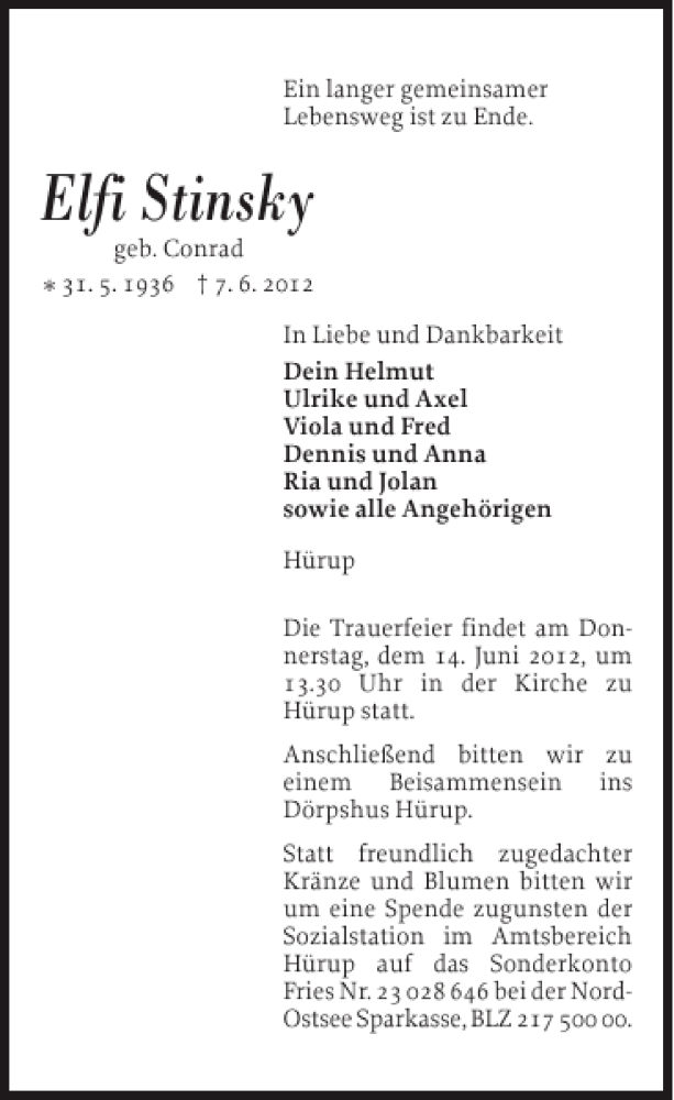  Traueranzeige für Elfi Stinsky vom 09.06.2012 aus Flensburger Tageblatt