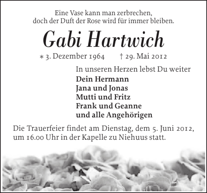  Traueranzeige für Gabi Hartwich vom 02.06.2012 aus Flensburger Tageblatt