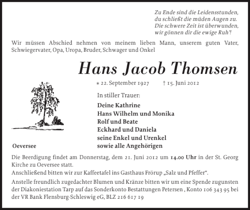  Traueranzeige für Hans Jacob Thomsen vom 18.06.2012 aus Flensburger Tageblatt