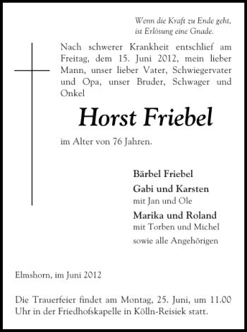Traueranzeige von Horst Friebel von Elmshorner Nachrichten