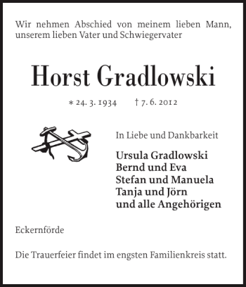 Traueranzeige von Horst Gradlowski von Eckernförder Zeitung