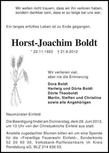 Traueranzeige von Horst-Joachim Boldt von Holsteinischer Courier
