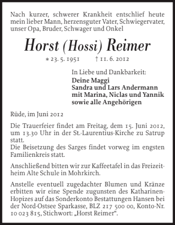 Traueranzeige von Horst Reimer von Flensburger Tageblatt