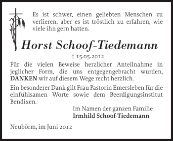 Traueranzeige von Horst Schoof-Tiedemann von Schleswiger Nachrichten