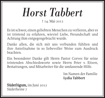 Traueranzeige von Horst Tabbert von Nordfriesland Tageblatt