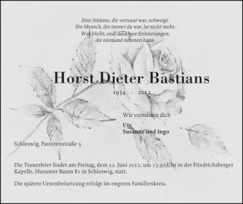 Traueranzeige von Horst Dieter Bastians von Schleswiger Nachrichten