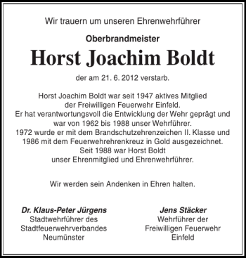 Traueranzeige von Horst Joachim Boldt von Holsteinischer Courier
