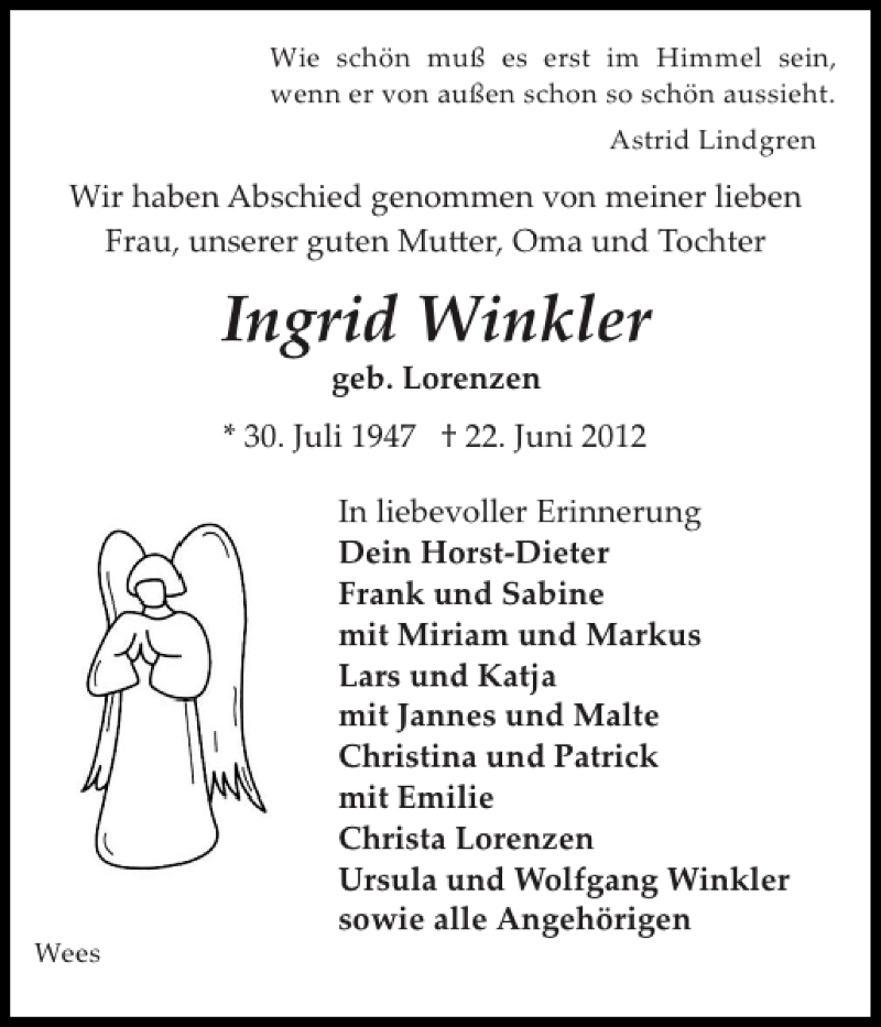  Traueranzeige für Ingrid Winkler vom 30.06.2012 aus Flensburger Tageblatt