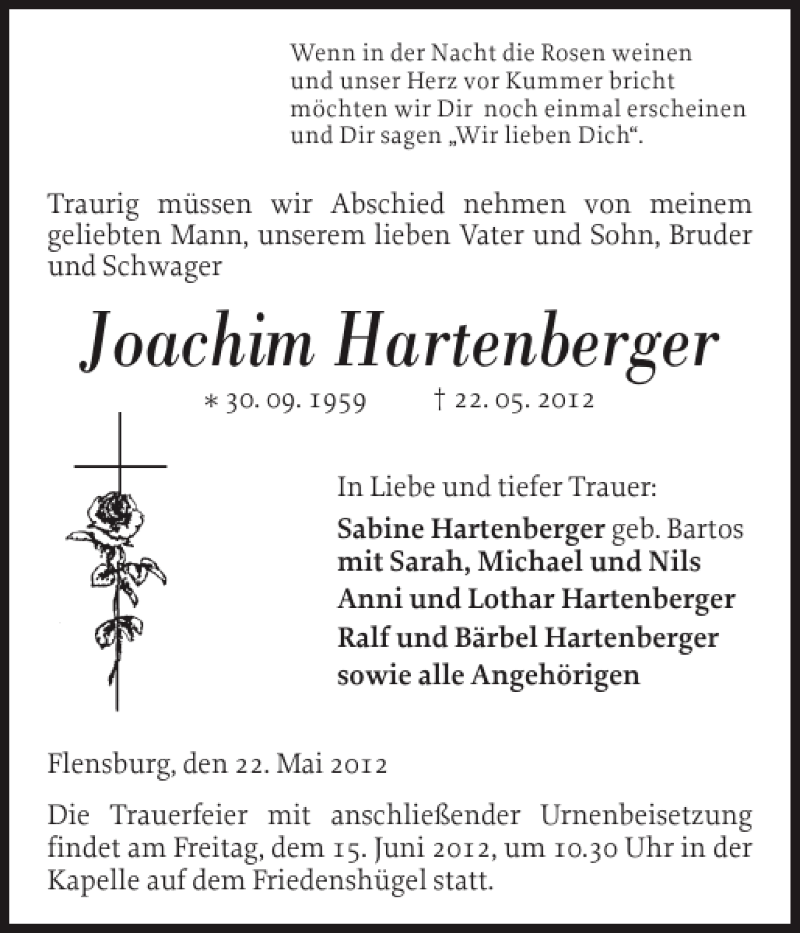  Traueranzeige für Joachim Hartenberger vom 02.06.2012 aus Flensburger Tageblatt