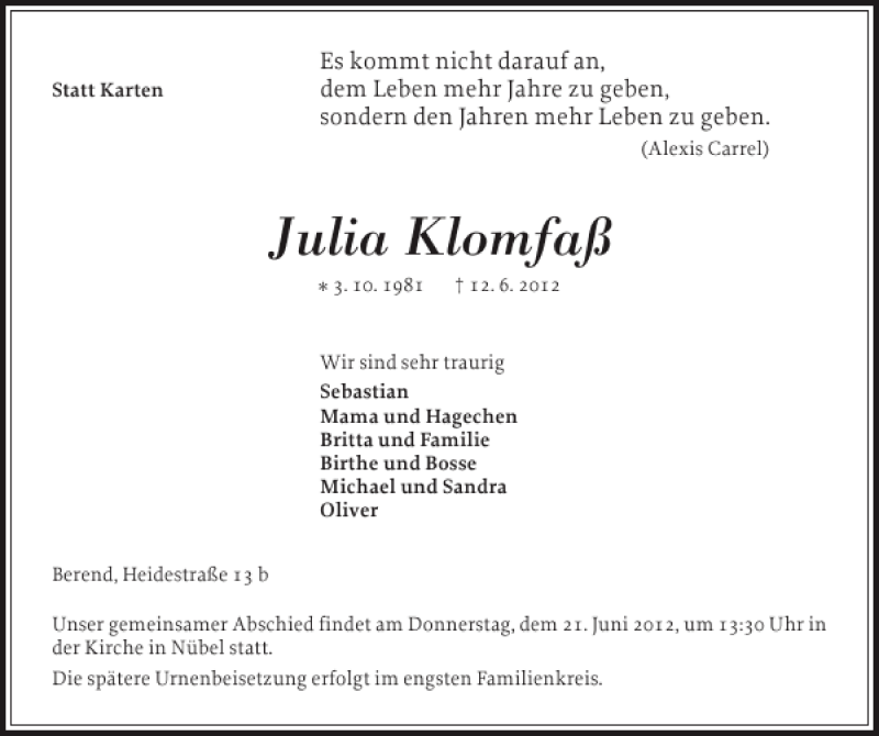  Traueranzeige für Julia Klomfaß vom 18.06.2012 aus Schleswiger Nachrichten
