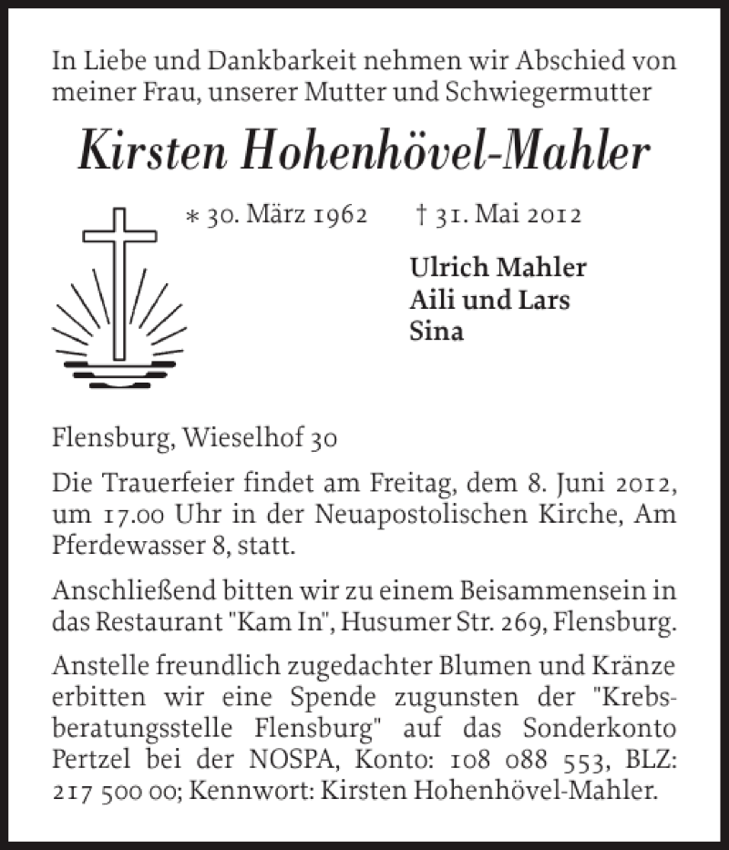  Traueranzeige für Kirsten Hohenhövel-Mahler vom 02.06.2012 aus Flensburger Tageblatt
