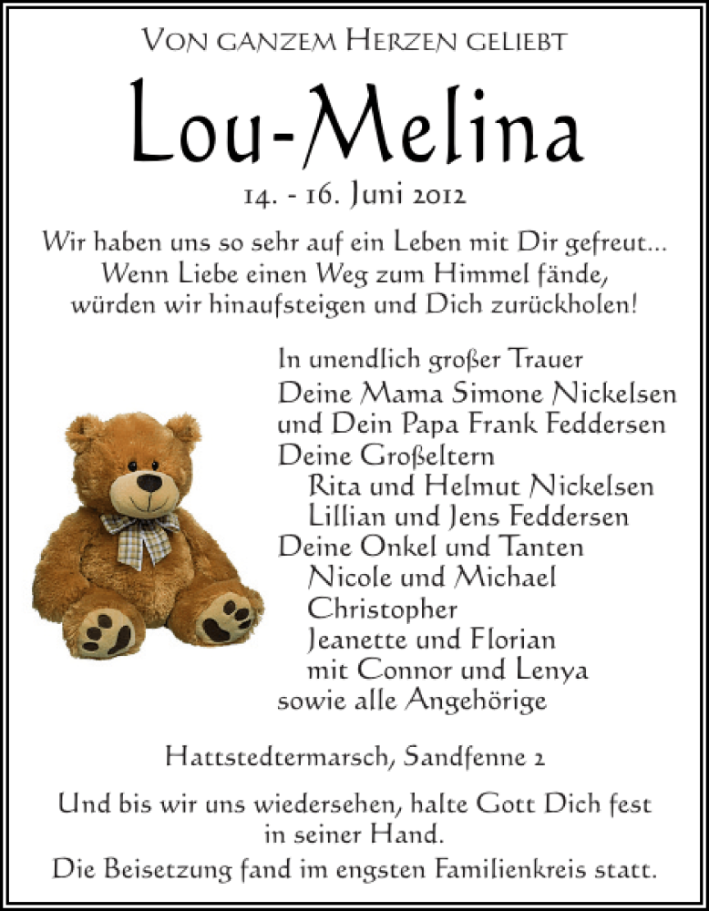  Traueranzeige für Lou-Melina  vom 23.06.2012 aus Husumer Nachrichten