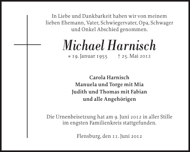  Traueranzeige für Michael Harnisch vom 11.06.2012 aus Flensburger Tageblatt