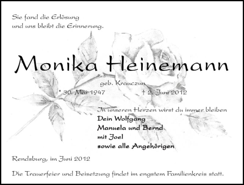  Traueranzeige für Monika Heinemann vom 09.06.2012 aus Landeszeitung